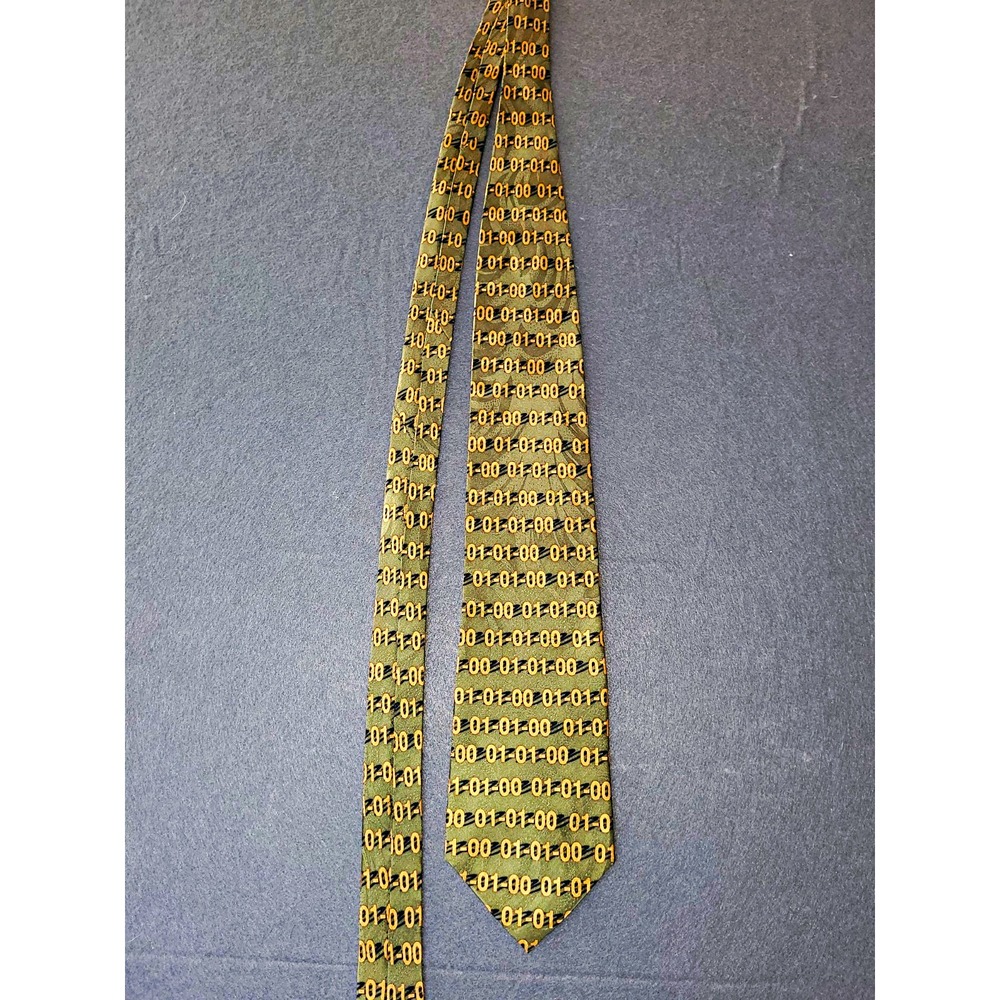 01-01-00 Men's Woven Silk Tie Green Gold Geometric Numbers & Symbols Pointed
